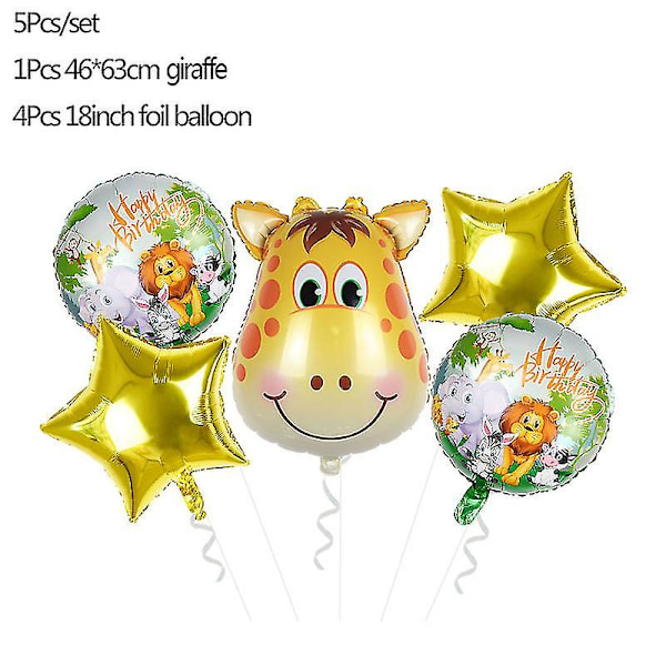 5 stk. Jungeldyr Tiger Løve Ape Zebra Giraff Ku Luft Helium Ballong Barn S giraffe set