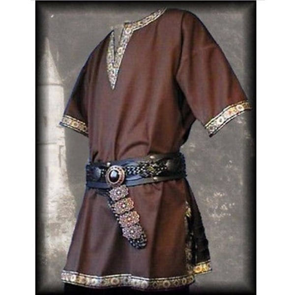 Keskiaikaiset renessanssipuvut miehille, aatelismiehen tunika, viikinkiaateliston Chevalier-ritari, soturi, Halloween-cosplay-asut, ei vyötä Brown L Medieval
