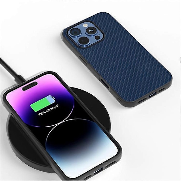 ABEEL Kompatibelt Skal för iPhone 16 Pro Max Läder+PC+TPU Telefonskal Kolfibertextur Blue