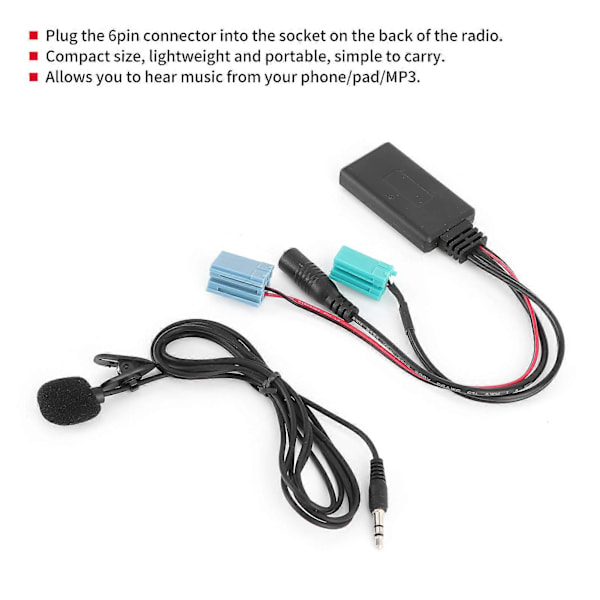 6-nastainen Bluetooth-audiokaapeli autostereoiden AUX?IN-adapteri mikrofonilla, sopii Clio/Espace/Megane