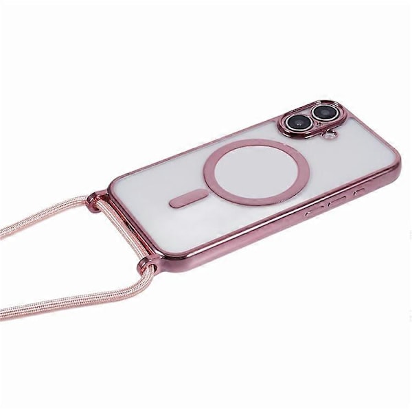 Kompatibelt skal för iPhone 16, kompatibelt med MagSafe, elektropläterad TPU-mobilskydd med långt snöre PinkGold