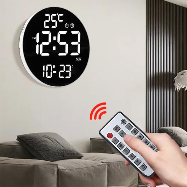 Digital Wall Clocks, Digital Clock Adjustable Brightness Large LED Display Alarm Vitt skal svart