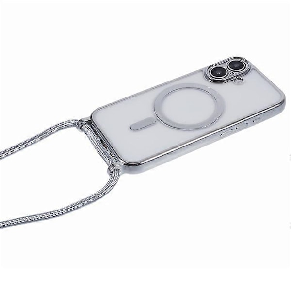 Kompatibelt skal för iPhone 16, kompatibelt med MagSafe, elektropläterad TPU-mobilskydd med långt snöre Silver