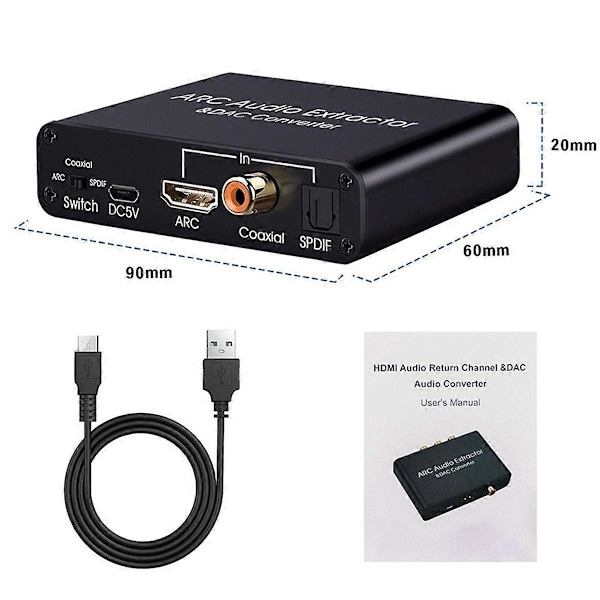 192KHz ARC Audio Extractor Digital til Analog Audio Konverter ARC til Optisk/SPDIF Koaksial Stereo L/R 3.5mm