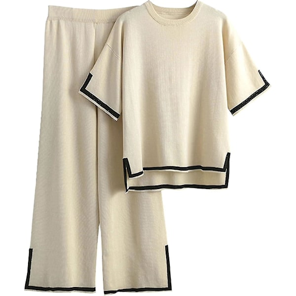 Tröjset Dam 2 Delar Lounge Set Kortärmad Stickad Pullover Toppar Vida Ben Byxor Ha