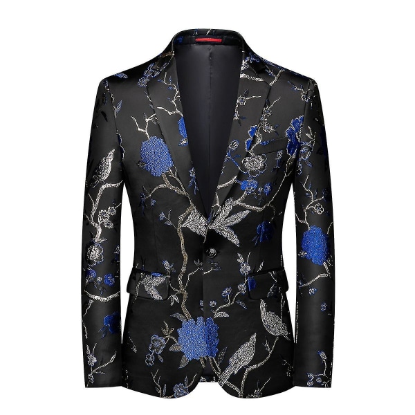 Broderi för män Kavaj med en knapp Slim Fit Blommig printed Snygg blommig smokingjacka Blue 3XL