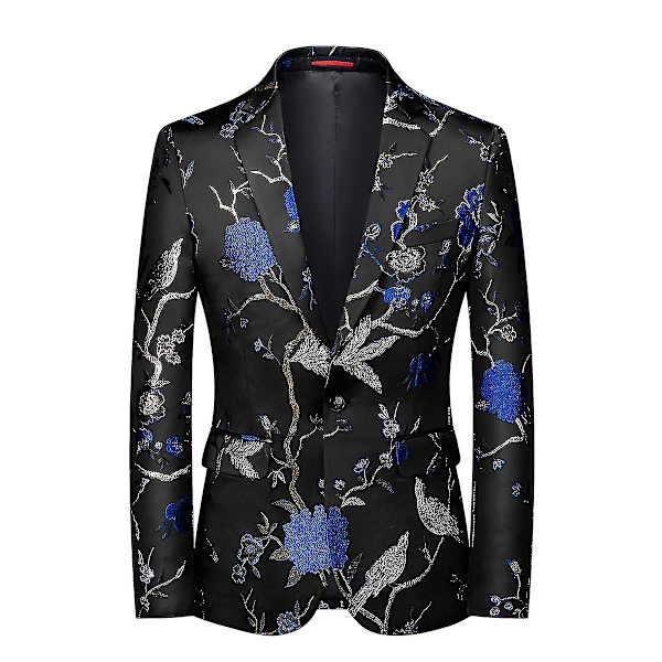 Herr Broderi En Knapp Kavaj Slim Fit Blommig Tryckt Kostym Stilfull Blommig Smokingjacka Blue M