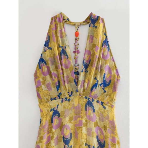 Sommerkjole til kvinder med V-hals, batiktryk, afslappet halterneck og mellemlang længde as pic XS