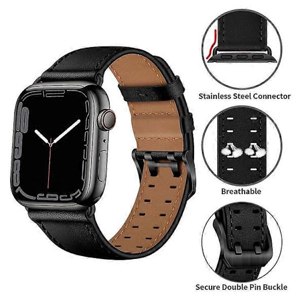 Kompatibel med Apple Watch Series 10 42mm / 9 8 7 41mm / 6 5 4 SE SE (2022) SE (2023) 40mm / 3 2 1 38mm Urrem Ægte Læder Black