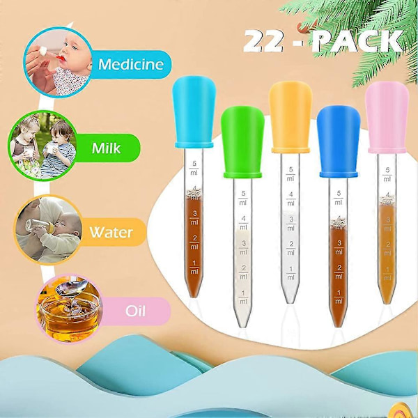 22 kpl nestemäisiä pipettejä, 5 ml silikoni- ja muovipipetti sipulikärjellä ja puhdistusharjalla
