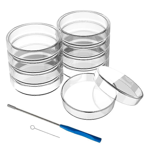 60 mm glasskåle, 10 stk. autoklaverbare laboratorieplader med en inokulationsløkke, autoklaverbare og genanvendelige