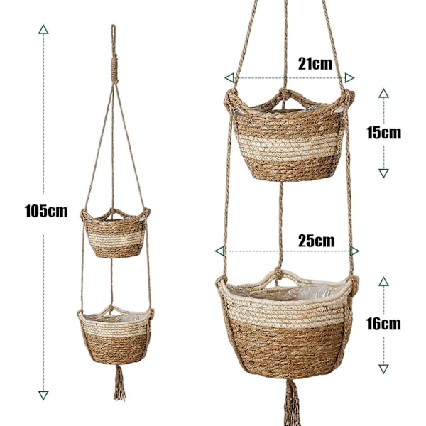 Hängande sjögräskruka, 2 storlekar vävd blomkruka inomhus utomhus - Blomkrukor Skydd Förvaringskorg Växtbehållare (Beige)