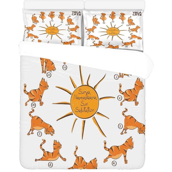 3 delar sängkläder set rolig tecknad katt yoga cover med 2 örngott för hem sängar rum dekoration D---58831