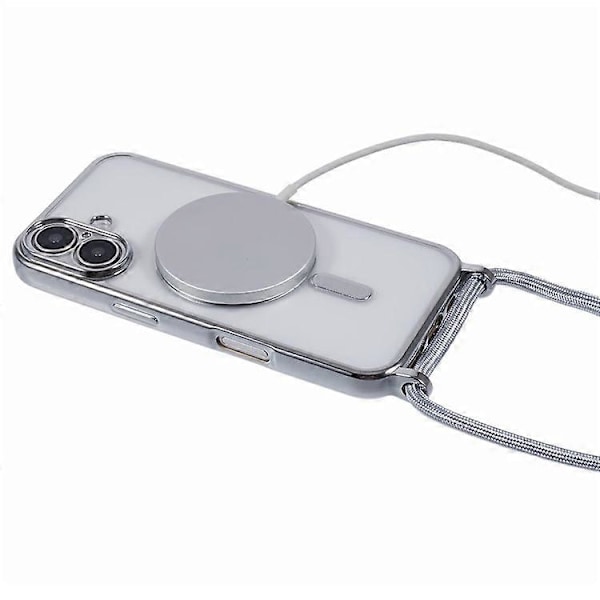 Kompatibelt skal för iPhone 16, kompatibelt med MagSafe, elektropläterad TPU-mobilskydd med långt snöre Silver