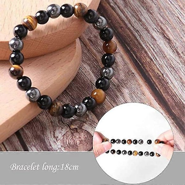 Trippel Beskyttelsesarmbånd, 2 stk. Sort Obsidian, Tigerøje, Sten, Hæmatit, Tigerøje, Trippel Armbånd, Bringer Held og Lykke, Unisex Armbånd, 16cm, Sten