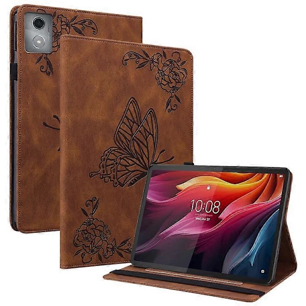 Kompatibelt Fodral för Lenovo Tab K11 Plus Fjäril Blomma Tryck PU Läder Tablet Skydd med Kortfack Brown