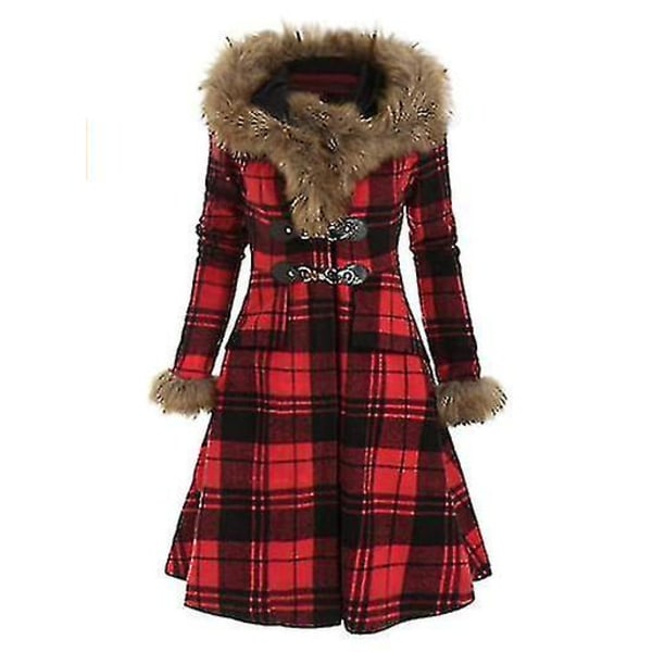 Naisten talvitakit, lämmin pitkä takki turkiskaulus, hupullinen takki Red XL
