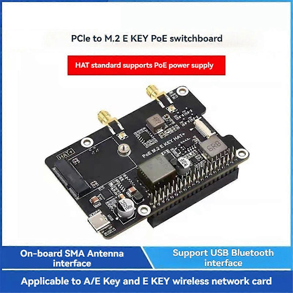 Waveshare för Raspberry Pi 5 PCIe till M.2 E KEY med PoE HAT+ Stöder NGFF Trådlöst Nätverkskort/Blu