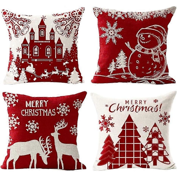 Merry Christmas Putetrekk Sett med 4 Bomull og Lin Putetrekk Vinter Jul Elg Slott Snømann Mønster Dekorasjon for Sofa Soverom Hjem