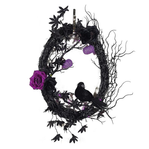 Soikea seppele purppura ruusu kuollut oksa musta varis kurpitsanpää Halloween-juhlat vaahteranlehtiseppele