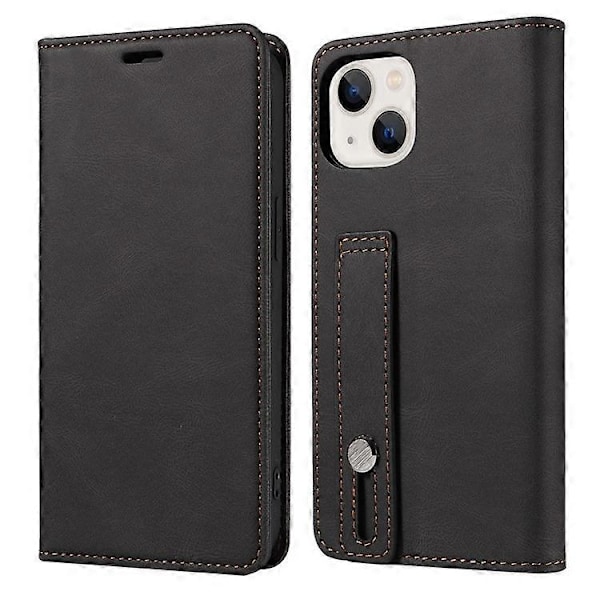Kompatibelt för iPhone 13 6.1 tum Anti-fall Flip Fodral med Kortfack Magnetiskt PU Läder Plånboksfodral med Ställ och Handledsrem Black
