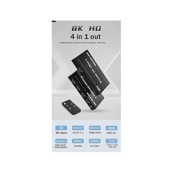 8K HD Switch 4 Port - Kompatibel Switch 4 inn 1 ut Splitter 8K 60Hz Spillprojektor Hjemmekonverter