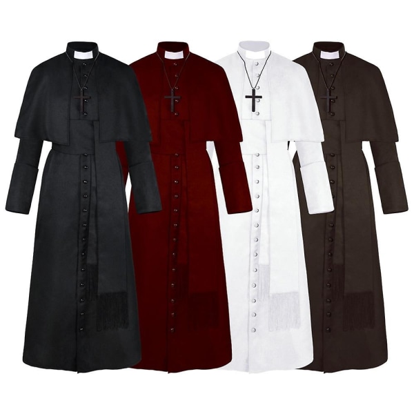 Ensfarvet Præstekostume Middelalder Retro Cosplay Kostume med Kors Halskæde (sort) black 3xl