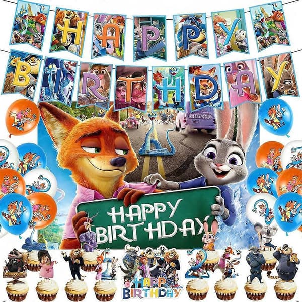 Zootopia Festpynt Sæt 2 Pakker Banner Balloner Kagetoppe Baggrund A