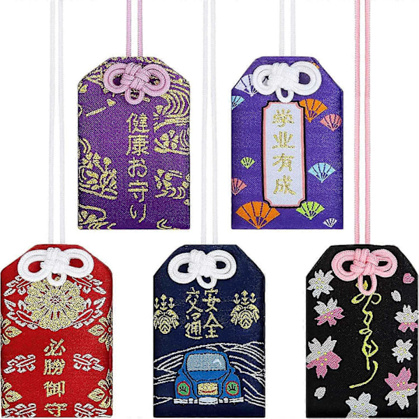 5 Stycken Japanska Omamori Påsar Lyckoamuletter för Hälsa/Utbildning/Kärlek/Framgång/Säkerhet, 5 S