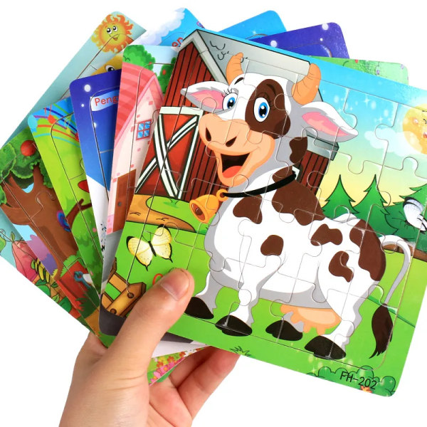 Uusi 20-osainen Montessori 3D-palapeli Sarjakuva Eläin Ajoneuvo Palapeli Puinen Palapeli Peli Varhaiskasvatus Lelut Lapsille Cow