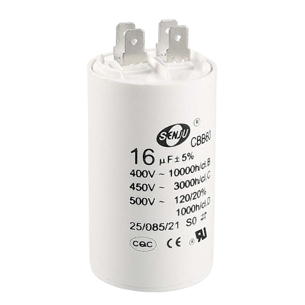 CBB60 Driftskondensator 16uF 450V AC Dobbelt Indsats 50/60Hz Cylinder 72x40mm Hvid til Luftkompressor Vandpumpe Motor