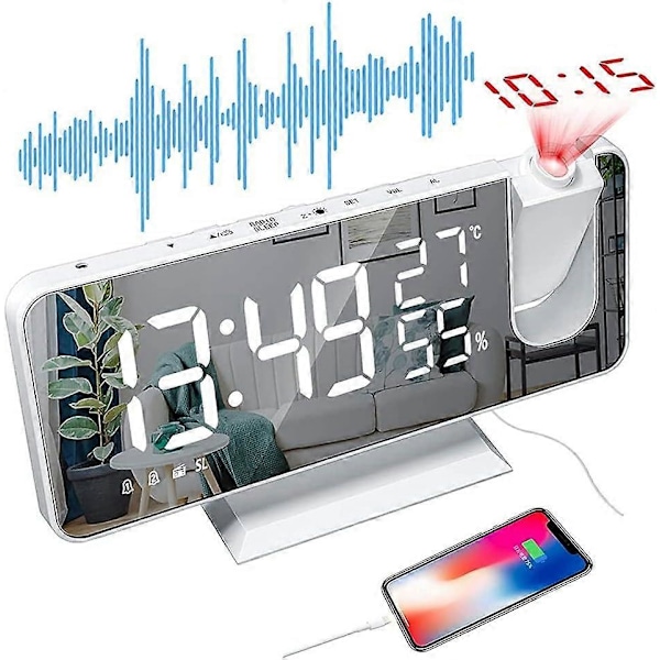 Projektor Väckarklocka, FM Radio Väckarklocka, Takprojektor Väckarklocka med 180° Projektion, wit