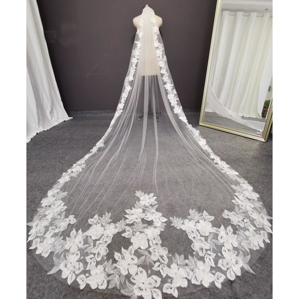 Vacker blommig spetsbröllopsklänning 3m 1-lagers mjuk tyll katedral elfenben brudslöja Ivory 300cm