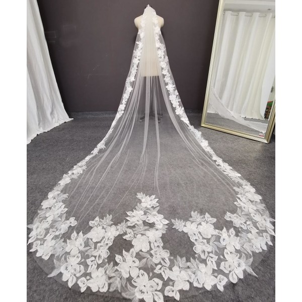 Vakker brudekjole i blomsterblonde 3m 1 lag myk tyll katedral elfenben brudeslør Ivory 300cm