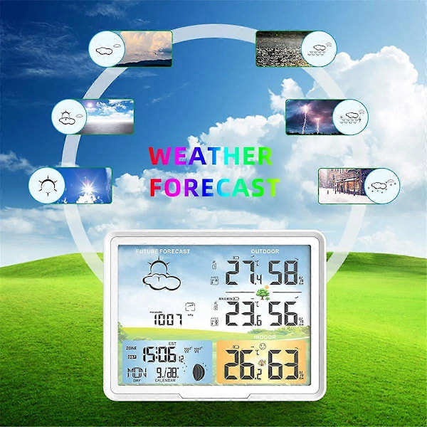 Väderstation Klockor Trådlös Digital Termometer Hygrometer Prognos Kalendrar Månfas Snooze