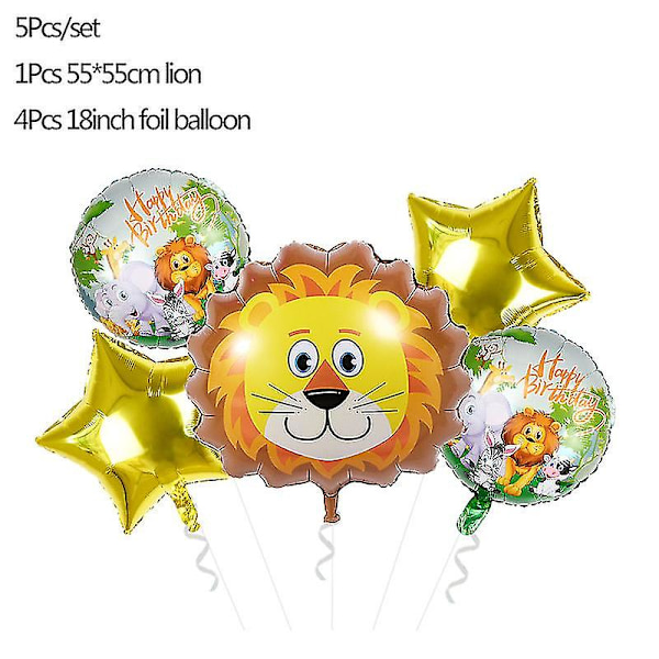 5 stk. Jungeldyr Tiger Løve Ape Zebra Giraff Ku Luft Helium Ballong Barn S lion set