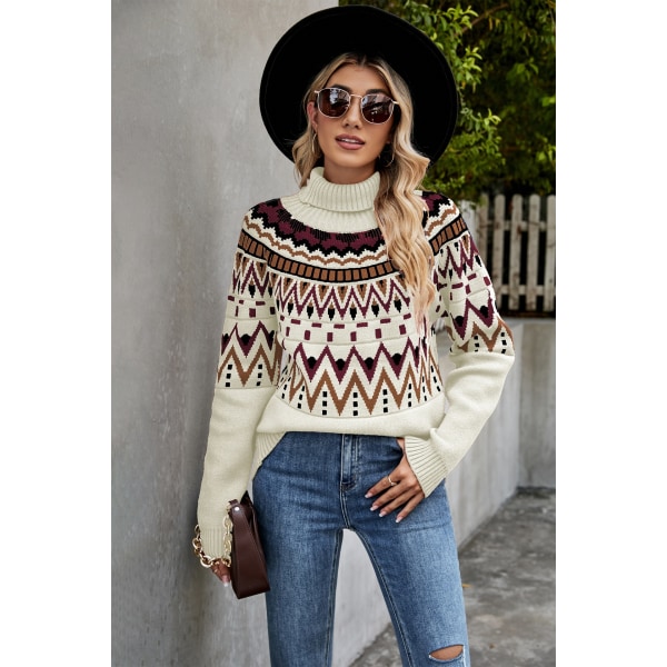 2023 vinter ny Amazon cross-border damebeklædning retro stribet syning kontrast sweater turtleneck løs sweater white apricot XL