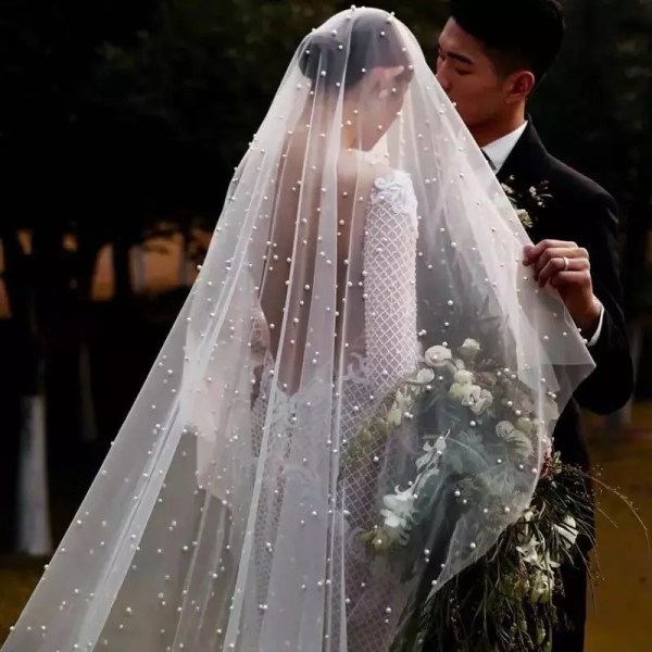 Pearl Bridal Veil 2-kerroksinen poskipuna Weil Veil Valkoinen/norsunluun/samppanjahelmipäällysteinen katedraali ChampagneBlusherComb 150cm