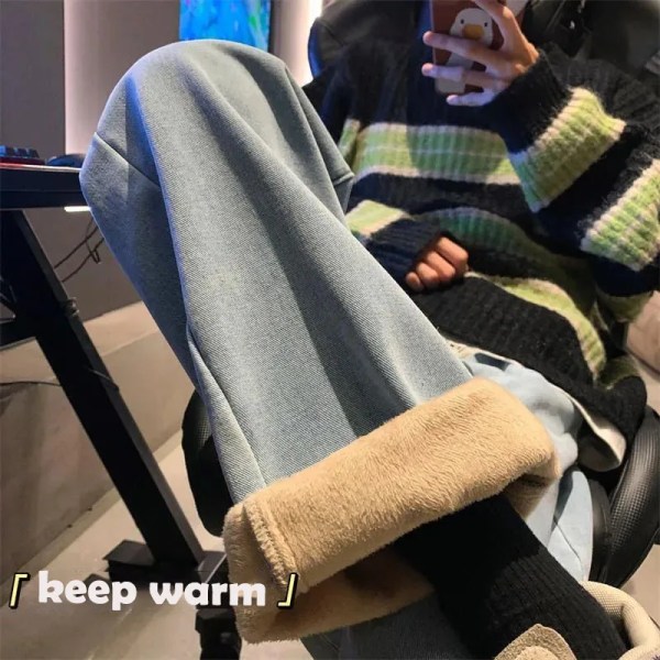 Streetwear Høyt Liv Rett Vide Ben Jeans Dame Vinter Snøring Casual Denim Jeans Koreansk Mote Slankende Komfortable Bukser Ny light blue XXXL