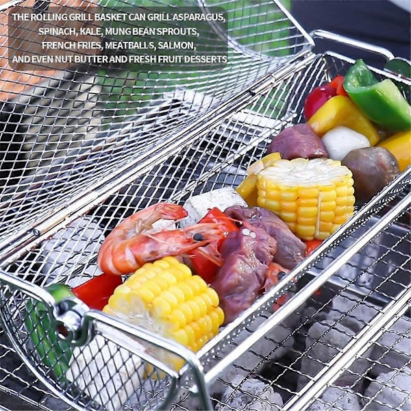 Grillkurv i rustfritt stål for BBQ, rotisserie rullende nettingbur for grilling, grilltilbehør