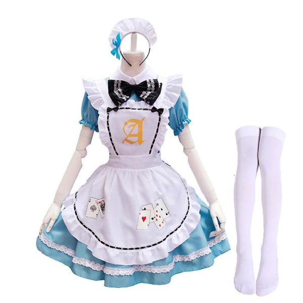 Blå Alice Spelkort Lolita Maid Dress Kostymer Cosplay För flickor Kvinna Servitris Alice Poker Maid Party Scen Kostym L