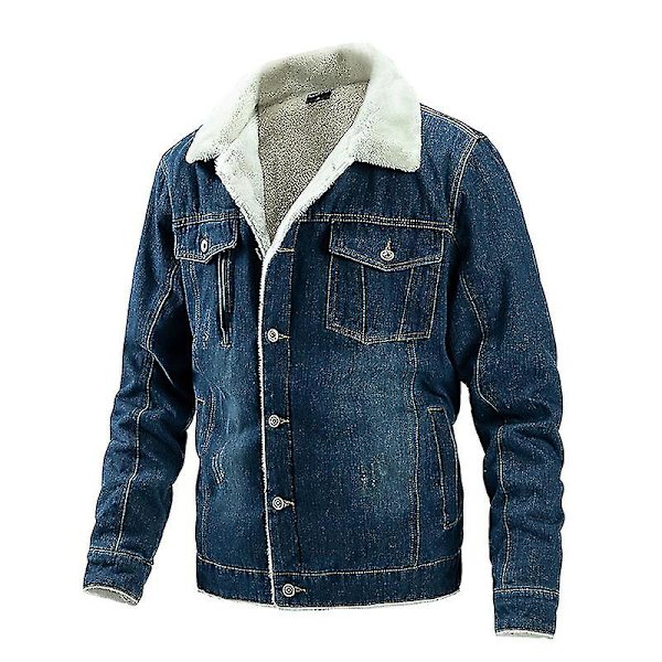 Herre Plus Fleece Denimjakke Revers Ensfarvet Enkeltknappet Fitted Denim Frakke S