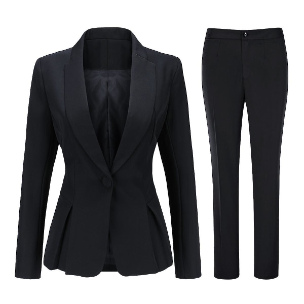 Naisten muodollinen toimistotunika, yksivärinen, ohut kaksiosainen puku, laskostettu bleiseri ja housut Black 2XL