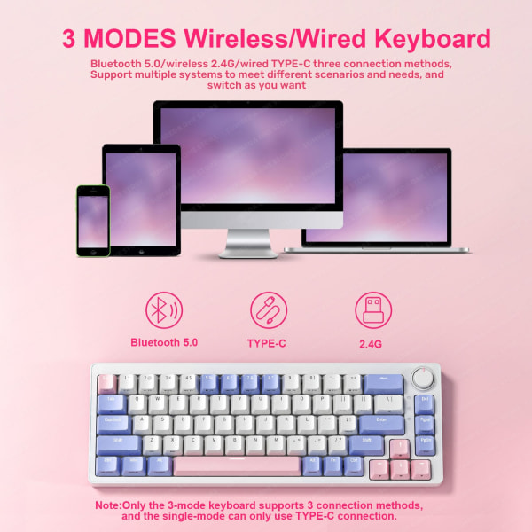 ZA68 Trådløst Mekanisk Gaming Tastatur 2.4G Bluetooth TYPE-C Kablet 3 Tilstande Hot Swap RGB Baggrundslys 68 Taster Green Three modes