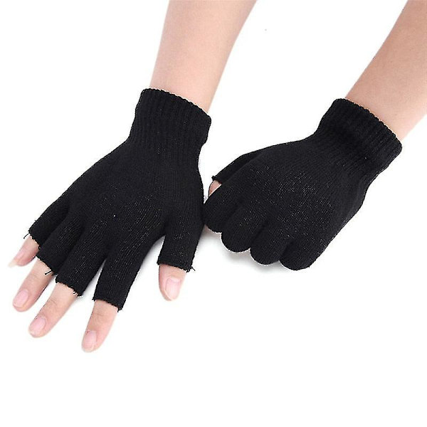 1 par sorte fingerløse handsker med halve fingre til kvinder og mænd, strikket i uld til håndled