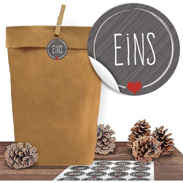 Juleposer i kraftpapir med elegante grå juleklistremerker - Sett med 24 gaveposer for hobby og gaver