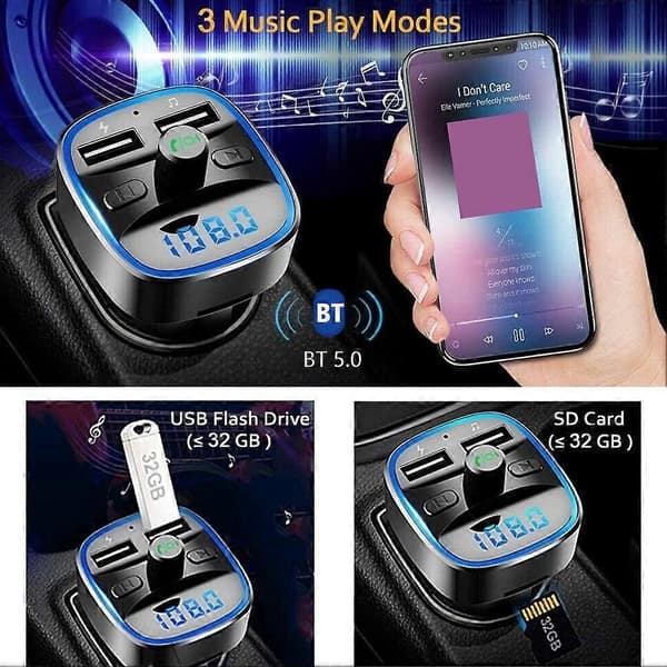 FM-sändare för bil - Bluetooth 5.0 Radioadapter med dubbla USB-portar och LED-display