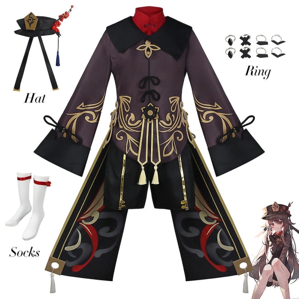 Peli Genshin Impact Hutao Cosplay -asu peruukki poninhäntä hiukset Liyue Hu Tao sormukset Genshin Cosplay -asut S