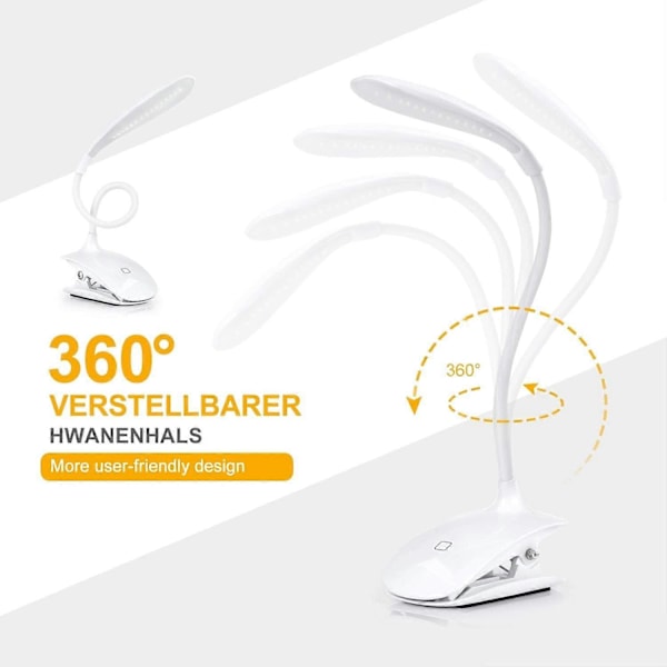 LED Bokläslampa - Uppladdningsbar Klämlampa med USB-kabel, 3 Ljusstyrkenivåer att Välja Mellan