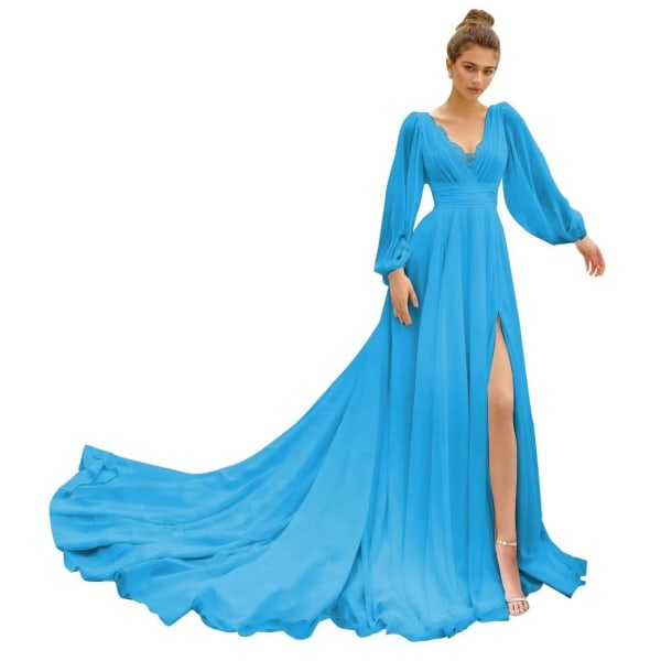 LaBoum Sexig High Split Bröllopsklänning För Kvinnor 2023 Brud Strand V-ringad Spets Brudklänningar Puffärm Robe De Marié Aftonklänning Blue 16